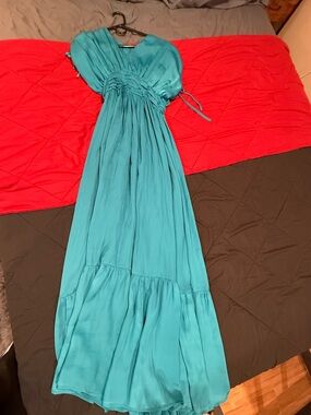 Teal Maxi Dress with Ruched Bodice and Tie Details